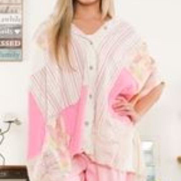 Blue Velvet Button Down Mixed Fabric Oversized Hoodie size S/M - Picture 9 of 9